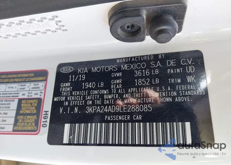 2020 Kia Rio Lx z USA, uszkodzony, nr VIN 3KPA24AD9LE288085